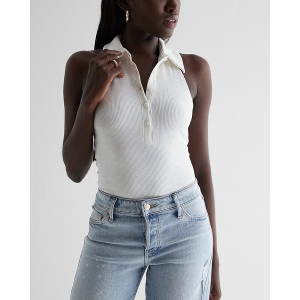 Express Ribbed Halter Neck Henley Polo Bodysuit L